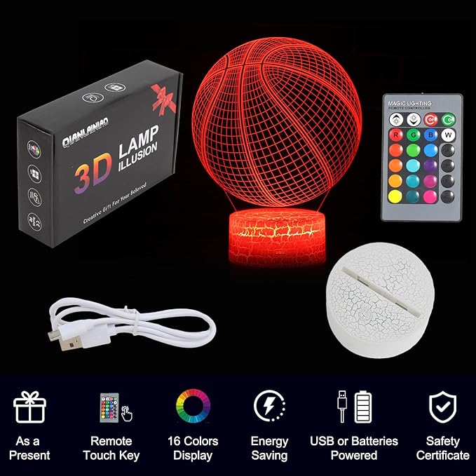 Basketball Gifts for Boys / Girls, Basketball 3D Night Light, 3D Illusion Lamp with 16 Colors Change Remote Control, Decorative Desk Lamp, Creative Best Christmas Birthday Gift for Kids Sport Fans