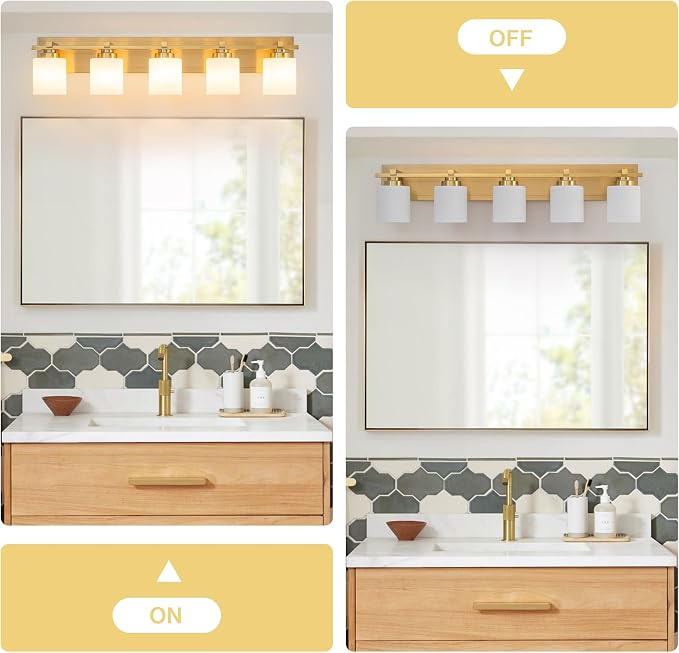 Modern Bathroom Light Fixtures Over Mirror, Vanity Lights for Bathroom Wall Sconces with Milky White Glass Shades, E26 Socket (Bulbs Not Included), 5 Light, Brass