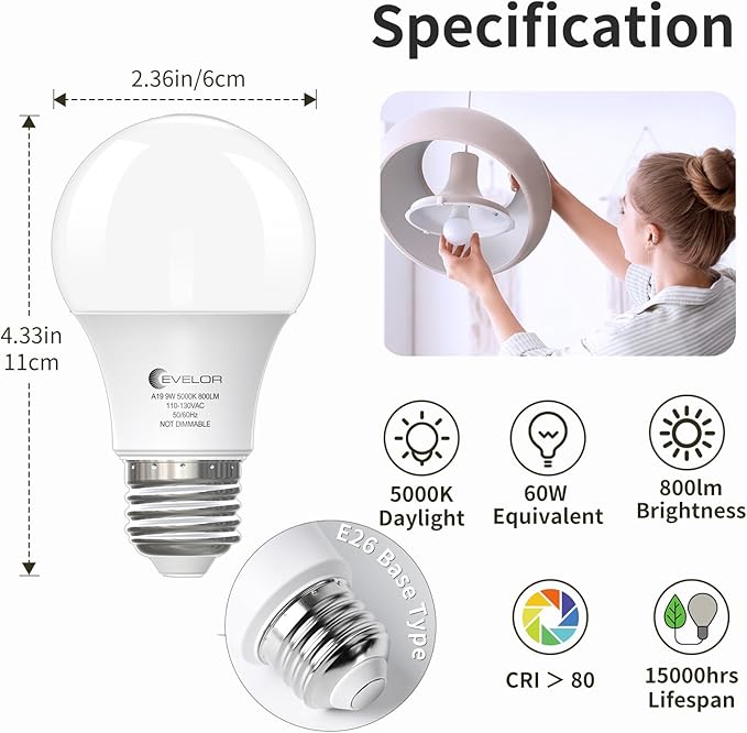 A19 LED Light Bulbs,60 Watt Equivalent Daylight 5000K with E26 Base,Efficient 9W,800 Lumens Non-Dimmable LED Bulbs,15000 Hours, Ideal for Bedroom Living Room, 12-Packs