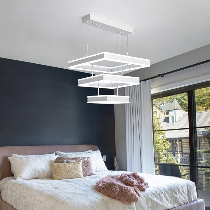 O'NEELDY Modern LED Chandeliers White Square Rings Pendant Light Fixture with Hanging Cord Flush Mount Square Modern Chandeliers for Kitchen Island Dining Room