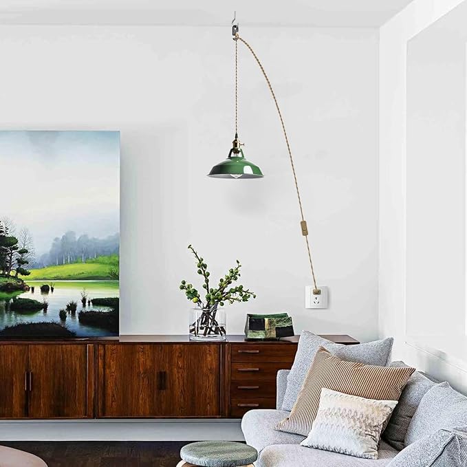 YUBOLE Modern Green Plug-in Pendant Light Macaron Kitchen Hanging Swag Lamp | 10.06"W Metal Barn Shade with On-Off Switch Plug Cord Light for Bedroom Foyer Dining Bar Loft Restaurants