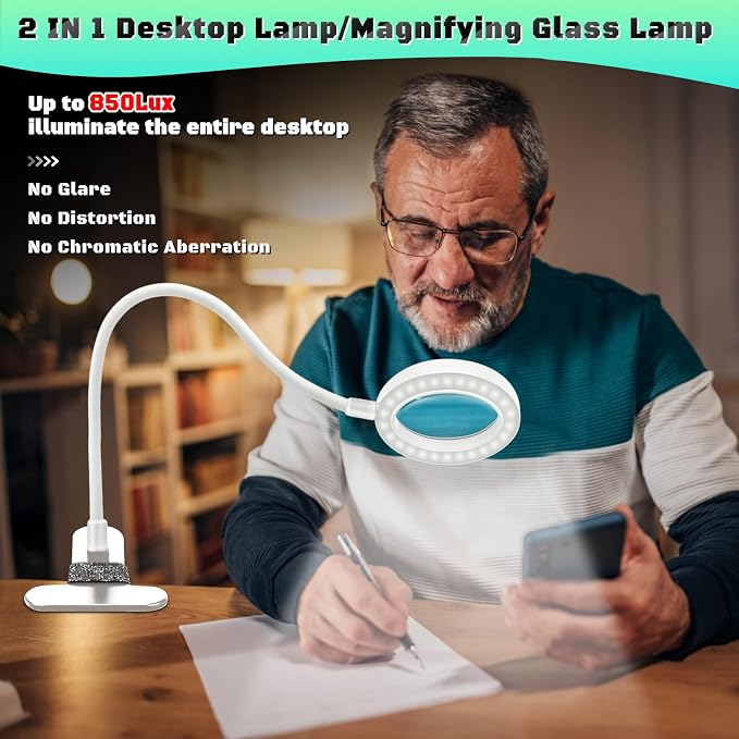 10X Magnifying Glass with Light, Clip on Mganifier with Light, 48 LED Desk Magnifying Glass wtih Clamp, 3 Modes Dimmable Magnifying LED Lamps for Bed Work Crafts DIY Repair White