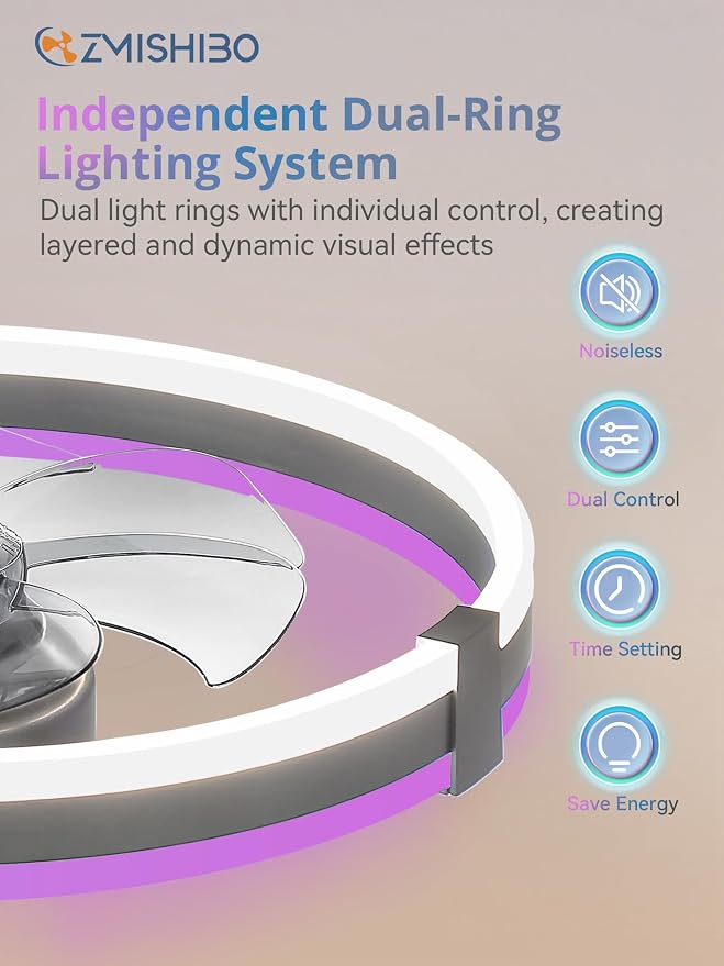 ZMISHIBO 20" RGB Low Profile Ceiling Fans with Lights and Remote, Grey | Custom RGB+3CCT Dimmable, 6 Speeds, Remote/App Control, Reversible DC Motor, Memory, Timer, Modern Fandelier for Kids/Bedroom