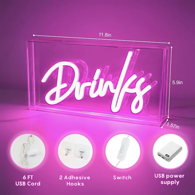 Drinks Neon Sign, Drinks Signs USB LED Desk Lightbox with ON/OFF Switch, Light Up Sign for Table Decor, Home Bar, Kitchen, Club, Pub, Restaurant Wall Decor & Bar Cart Accessories (Pink)