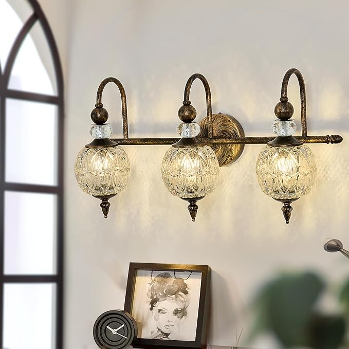 Piepooye Vintage Bathroom Light Fixtures Bronze Vanity Light with Glass Globe LampShade 3 Lights Mid Century G9 Bulb Wall Sconce Indoor Vanity Light Over Mirror for Bedroom Farmhouse Hallway