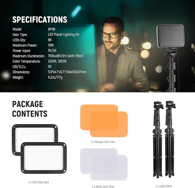 NEEWER BASICS LED Video Light, 2 Pack Studio Panel Key Lighting Kit with Tripod Stands & Filters, Bi Color Dimmable Portable 3200~5600K CRI95 750lux for Photography Recording Streaming Podcast, BP66