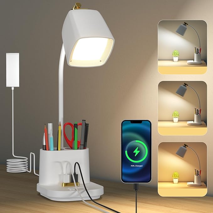 Desk Lamp with USB Charging Port & Pen Holder, LED Desk Light for Home Office, Touch Dimmable, Ideal for Study, Reading, and Work (White)