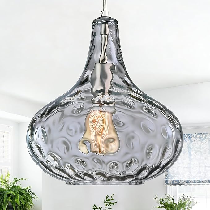 11" Smoked Hammered Glass Pendant Light – Blown Glass Ceiling Fixture with Brushed Nickel Finish, Modern Industrial Lighting for Kitchen Island, Dining Room, Hallway, Living Room