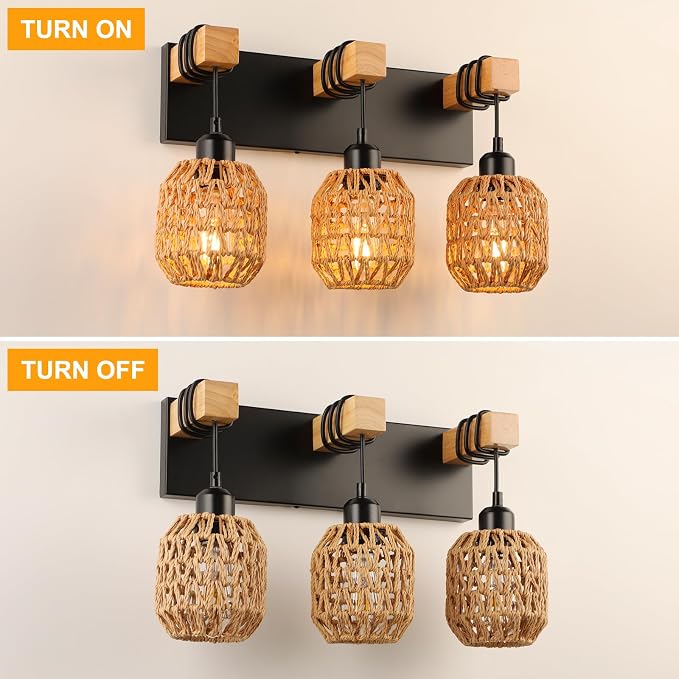 foucasal Bathroom Vanity Light Fixtures, 3-Light Farmhouse Bathroom Light | Light Fixtures Over Mirror, Rustic Boho Wood Sconces Wall Lighting with Woven Lampshade for Living Room, Bedroom, Hallway