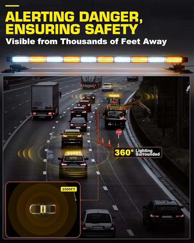 42" Roof Top Strobe Light Bar Amber White Emergency Traffic Advisor Lights, Double Side Warning Safety Flashing w/Magnetic Mount for Construction Vehicles Plow Trucks Pickup, Amber/White