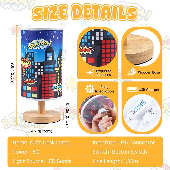 City Table Lamp for Kids Bedroom, 3-Way Dimmable Bedside Lamp with Wooden Base and Fabric Shade, Comic Book Night Light for Boys Room Decor, Cartoon Skyline Lamp for Nursery Playroom