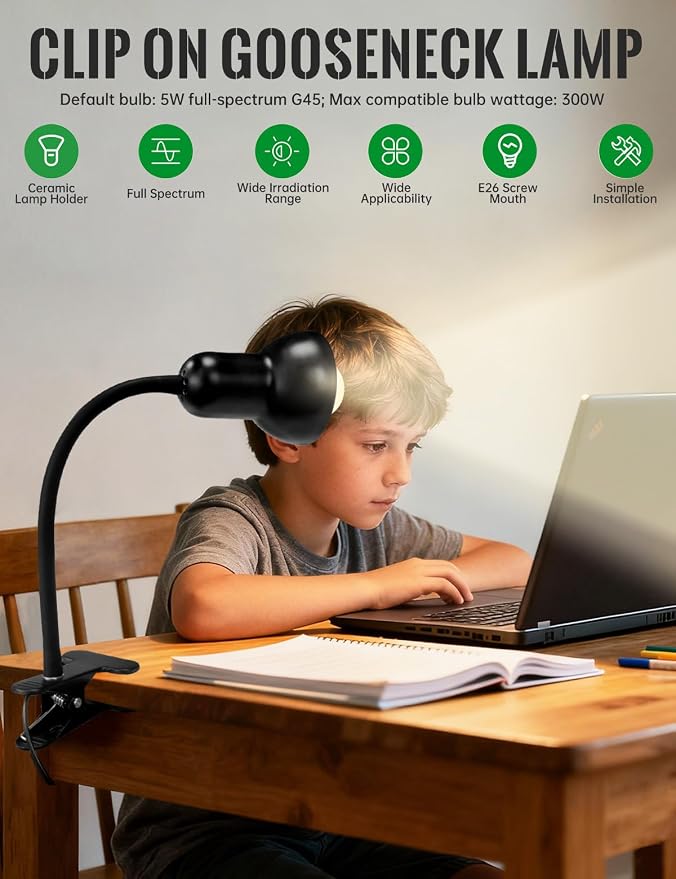 Clip On Gooseneck Lamp - 60W Max, Ceramic Fire-Resistant E26 Socket, Classic Durable Switch, Adjustable Flexible Clamp Light for Desk, Workbench, Bed Headboard, Table, Heat (Dimmable Clip Desk Light)