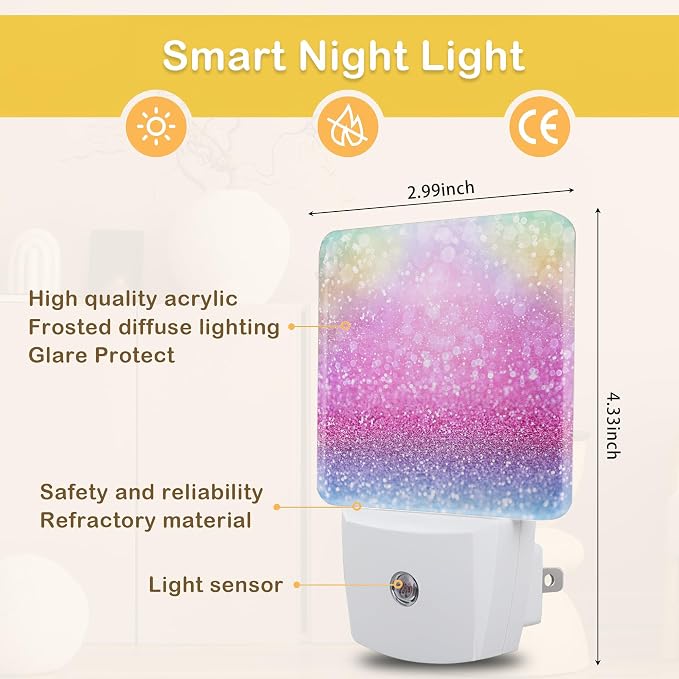 Pink Glitter Night Light,Plug in Night Light, Dusk to Dawn Sensor Nightlights for Stairway/Hallway/Kitchen/Bedroom/Bathroom 0.5W