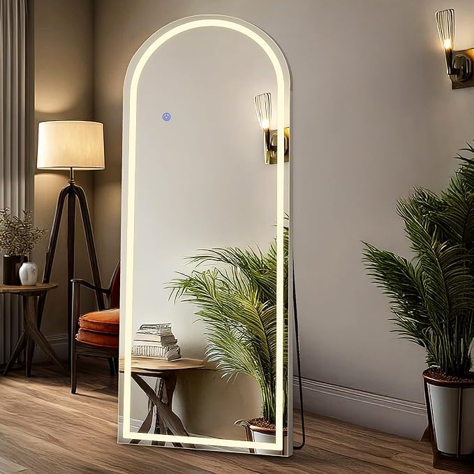 DUMOS Arched LED Mirror Full Length Standing, 63"x20" Full Body Wall Mirror | LED Lights 3 Color Lighting and Shatterproof Tempered Glass, Wall Hanging or Leaning, Floor Standing, Modern Home Decor