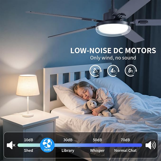 60 Inch Ceiling Fans with Lights and Remote, Bedroom Living Room Office Industrial, 5CCT Dimmable, Dual Color 5 Blades, 6 Speed Reversible Quiet DC Motor, Double-Layer Lampshade, Black/Wood Grain