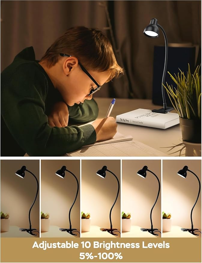 Clip on Light Reading Light for Bed 3 Color Modes Black | 10 Dimmable Brightness Eye Care Clamp Desk Lamp 360° Flexible Desk Book Light for Reading Bed Headboard Computer