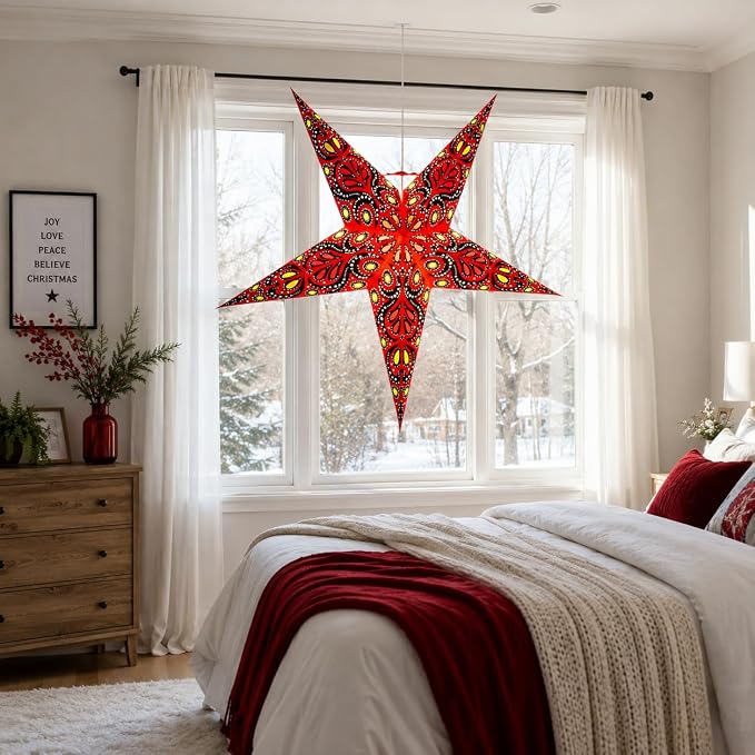 Lantern Lampshade Paper Star Light Shades Large 60cm Hanging Decorations for Christmas Wedding Home Decoration Birthday Party Foldable 5 Pointed Star (Red, Black, Yellow)