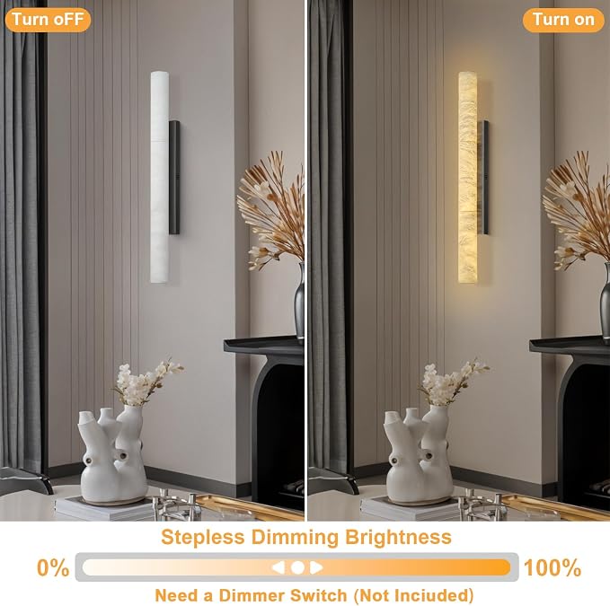 Natural Alabaster Wall Sconces, 36" Large Bronze Wall Sconce, Modern Gold LED Sconces, Cylinder Spanish Marble Sconce Perfect for Living Room, Bedroom, Hallway, Stairs