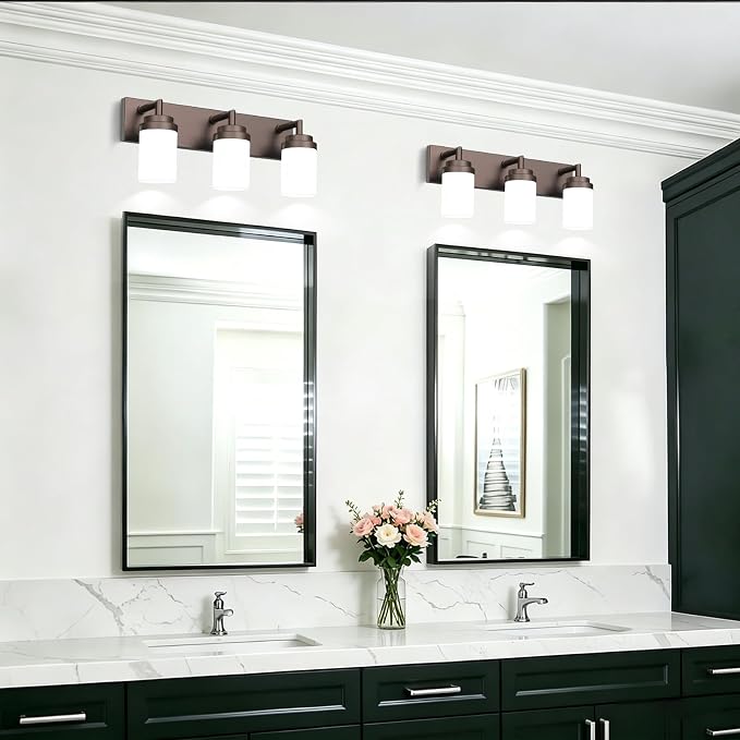 Bathroom Light Fixtures, Oil Rubbed Bronze Bathroom Lighting Fixtures Over Mirror, Modern Vanity Light with White Glass Shade, Restroom Lighting Fixtures, 3-Light 22-inch