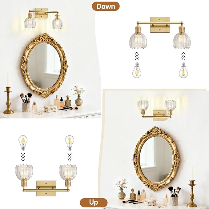 Vintage Bathroom Light Fixtures,2-Light Rustic Vanity Lights for Bathroom,Hallway,16.5 in Brass Vanity Lights,Tulip Light Fixtures for Mirror with Clear Tulip Glass Shade for Bedroom,E26 Base