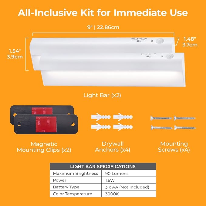 PureOptics LED Battery Operated Under Cabinet Lighting, Motion Sensor On/Off, Warm White LED, Stick-On Install for Kitchen & Closets - 2 Bars