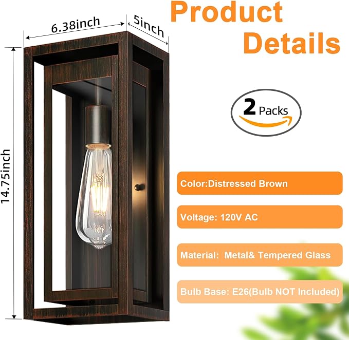 15" Outdoor Wall Lights, 2Pack Distressed Brown Exterior Lighting | Large Size, Anti-Rust, Waterproof, Tempered Glass, Easy Installation, Modern & Classic Outdoor Sconces for House Porch Garage