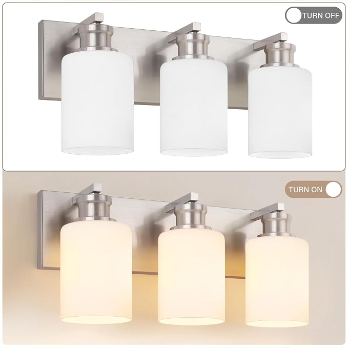 3-Light Bathroom Light Fixtures, Brushed Nickel Vanity Light Over Mirror | Modern Vanity Lights for Bathroom with Milky White Glass Shade, Wall Lamp for Kitchen Bedroom Hallway Living Room, 16.5 Inch