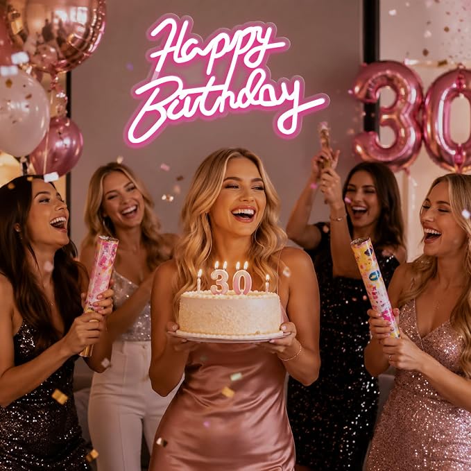 FARNY Happy Birthday Neon Sign for Wall Decor, LED Happy Birthday Light Up Sign Pink, Dimmable LED Birthday Neon Light for Birthday Party Decorations Backdrop,16.5"x 12"