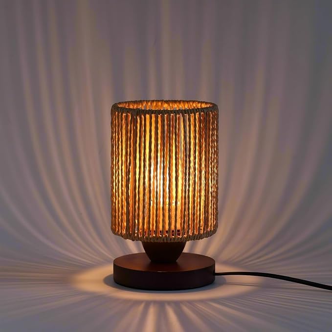 Small Rattan Table Lamp for Bedroom, Boho Bedside Lamp with Warm LED Bulb, Handwoven Wicker Nightstand Lamp for Nursery, Entryway & Dorm, Mini Ambient Night Light with Wood Base (8.6" Tall)