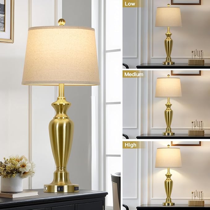 Cinyirong 30" Tall Gold Table Lamp for Living Room, 3-Way Dimmable Touch Control Bedside Lamp for Bedroom Nightstand with USB A+C Ports & AC Outlet (1 Pack)