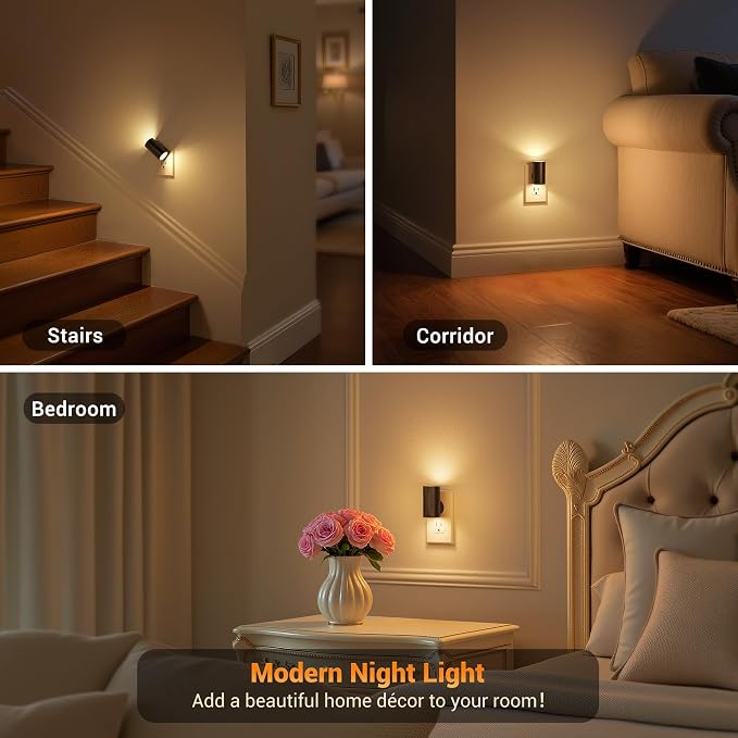 JandCase LED Night Light Plug in, Rotating Night Lights Plug into Wall Warm | Dusk to Dawn Sensor, 2 Level Brightness Adjustable Nightlight, 2 Pack, Warm White 3000K, for Bathroom Bedroom Hallway Stairs