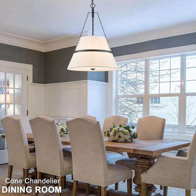 20" Black Drum Chandelier for Dining Room, White Linen Shade Pendant Light | Modern Transitional, Large Fabric Drum Design, 4-Light, 3 Side Chains, for Kitchen Island,Adjustable Height,19.69"W × 26.38"H