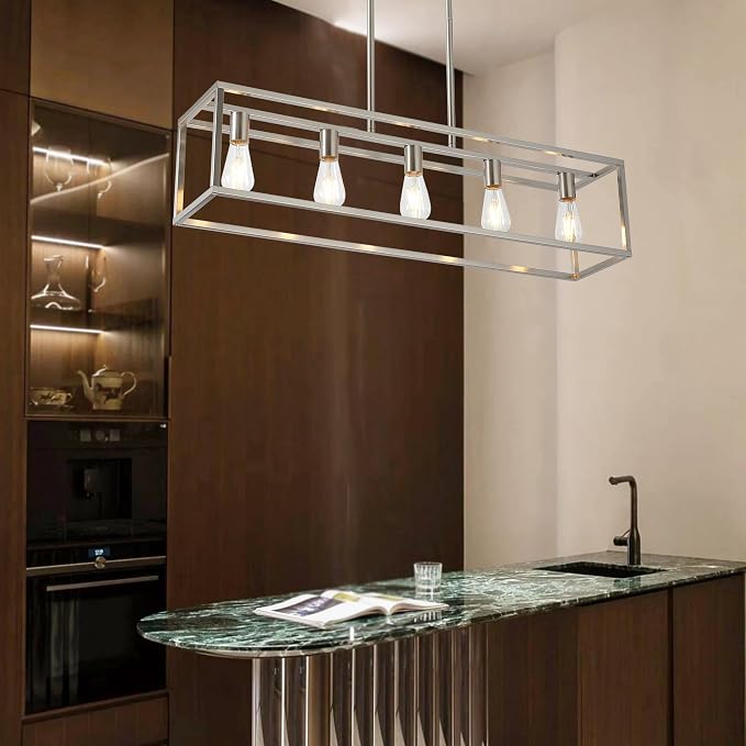Dining Room Light Fixture, Modern Linear Hanging Light Fixture Matte Brushed Nickel 5-Light Industrial Pendant Lighting for Kitchen Island