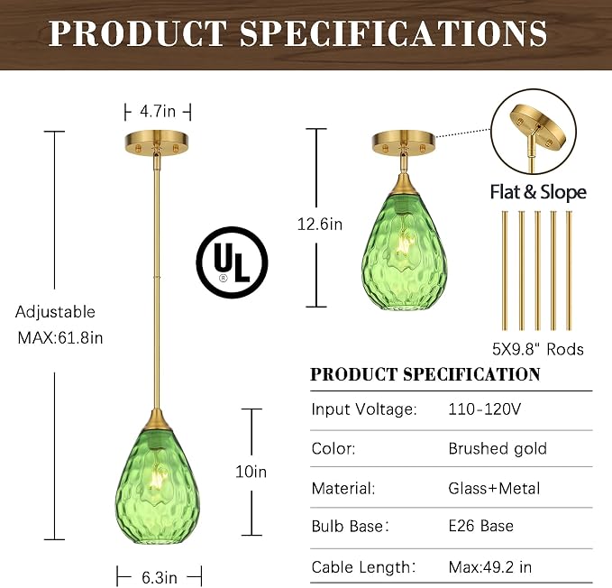 Brushed Gold Pendant Lights Kitchen Island 2 Pack, Modern Glass Pendant Light Fixtures with Hammered Green Glass and Rods, Adjustable Brass Hanging Light for Kitchen Sink Dining Room Bathroom