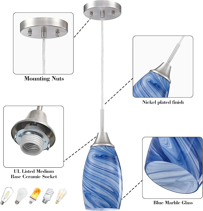 Viinew Mini Glass Pendant Light,1-Pack Blue Marble Glass Pendant Lights | Dark Blue Marble Art Glass Hanging Light,4.72" Handblown Oval Shade Adjustable Cord Ceiling Light for Kitchen