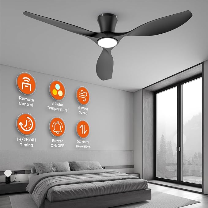 TALOYA 52 Inch Smart Ceiling Fans with Lights Led Remote Control Flush Mount Low Profile for Bedroom Farmhouse Patio Outdoor Living Room Kitchen Dining Room,DC Motor,Reversible,Black