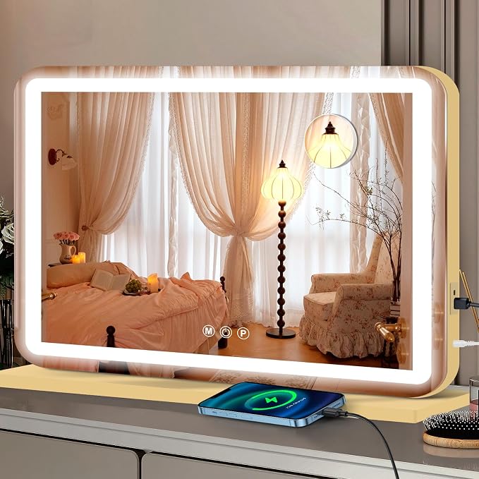 Ratsamee Gold 28" x 20" Vanity Mirror with Lights, Led Makeup Mirror, Lighted Makeup Mirror with 3 Color Dimmable Lights, Smart Touch Screen Control, Aluminum Metal Frame,USB Charging Port