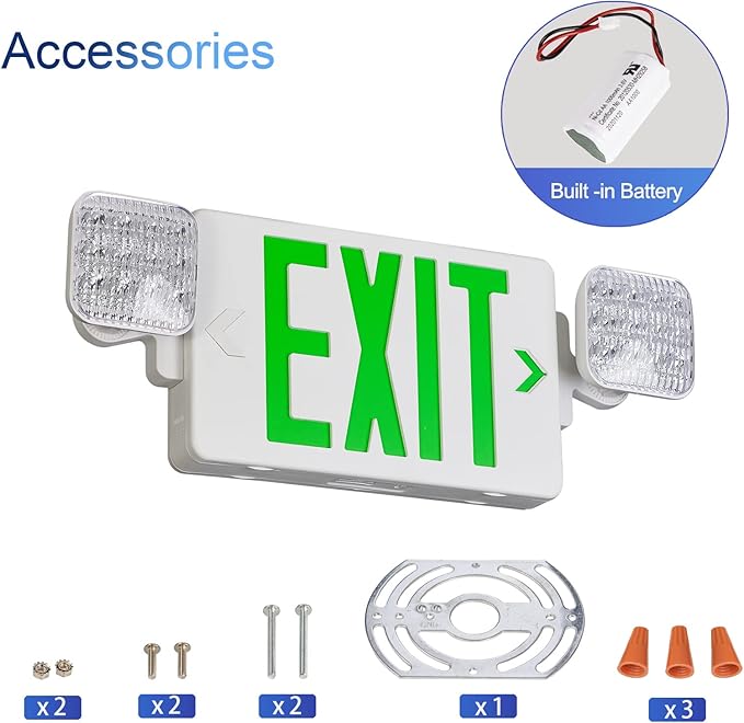 GZRUIYANG Exit Sign with Emergency Lights Green, LED Emergency Exit Light with Battery Backup, UL 924 Certified, AC 120/277V, Commercial Emergency Lights Combo with Plug, Green