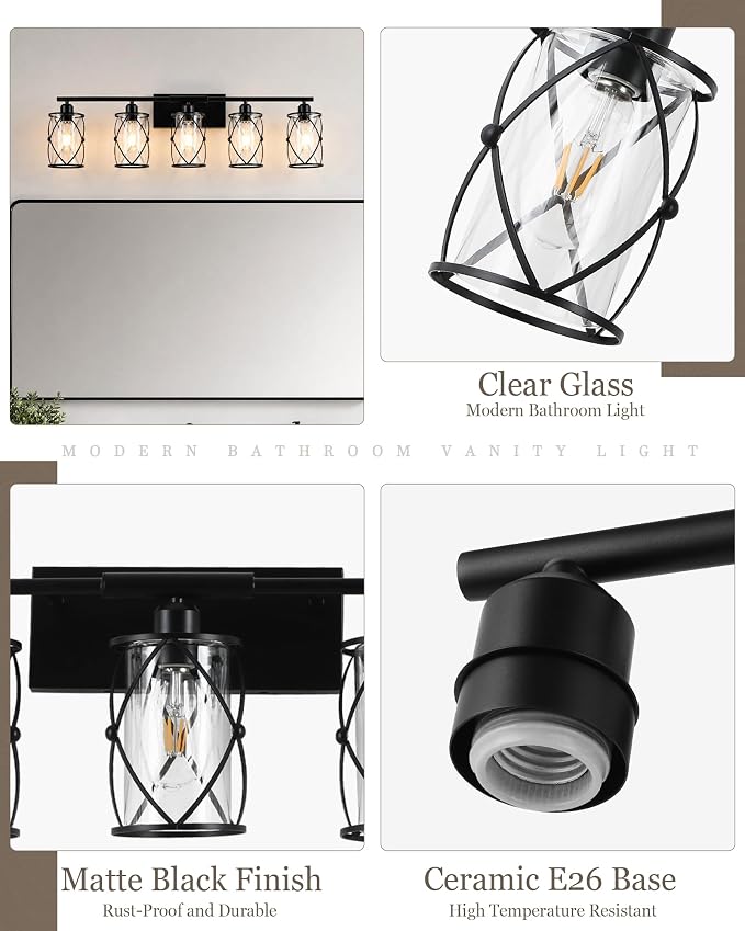 5-Light Matte Black Bathroom Light Fixtures Over Mirror, 38" UL-Listed Modern Wall Sconce Lights with Clear Glass and Metal Cage for Bath, Hardwire E26, CH9176BK-5W