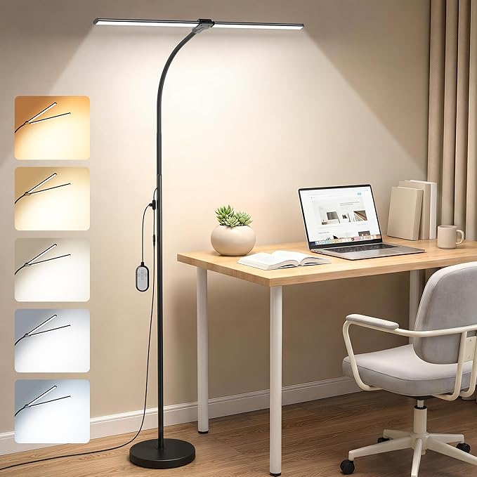 Dual-head LED Floor Lamp 20W 1400LM Adjustable Neck Color Changing Light | Adjustable Brightness & Color Temperature, Modern Corner Tall Standing Lamp for Living Room Office Bedroom Reading
