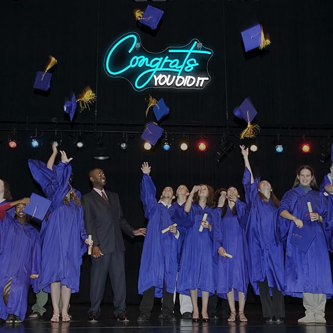 WLHOPE Congrats You Did It Neon Sign Graduation Decorations 2025 Blue White LED lights for Party College High School Class Graduation Gifts for Teens