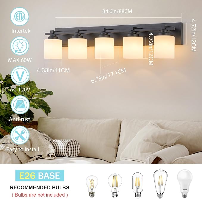 Modern Bathroom Light Fixtures Over Mirror, Vanity Lights for Bathroom Wall Sconces with Milky White Glass Shades, E26 Socket (Bulbs Not Included), 5 Light, Black