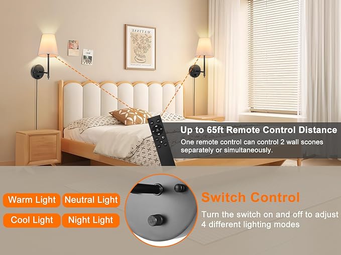 14.1 inch Wall Sconces Set of Two with Remote Control, Dimmable, Adjustable Colors 2700-6500K, Plug in Wall Sconces with White Fabric Shades, Plug in Wall Light, Black