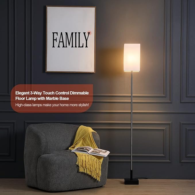 Floor Lamp, Marble Base, 3-Way Touch Control Dimmable, Linen Shade | Heavy marble base | Touch dimming | LED bulb included | Bedroom and living room lighting