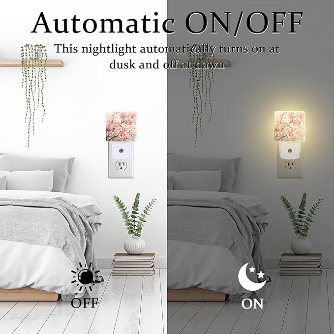 Cherry Blossom Tree Night Light Plug into Wall,Pink Watercolor Cherry Blossom Flowers Dusk to Dawn Night Light Plug in,0.5w Energy Saving NightLight for Kids Boys Girls Home Decor