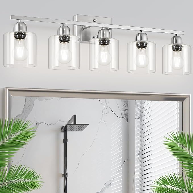 Modern Brushed Nickel 5 Light Bathroom Vanity Light, 31 inch Bathroom Light Fixtures, Vanity Lights for Bathroom with Clear Glass for Mirror Kitchen Living Room Hallway Cabinet Porch