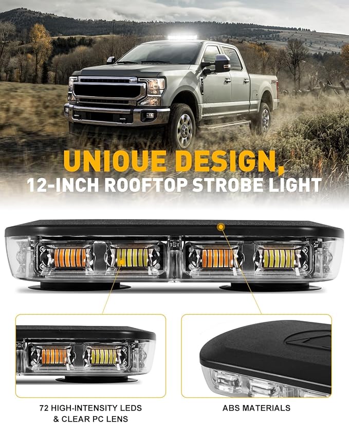 HLauto 700A Rooftop Emergency Strobe Lights Bar, 72 LED White Mini Beacon Safety Flashing Warning Traffic Lights Bar w/Magnetic Base for 12-24V Trucks, Construction Vehicles, Snowplow, Cars