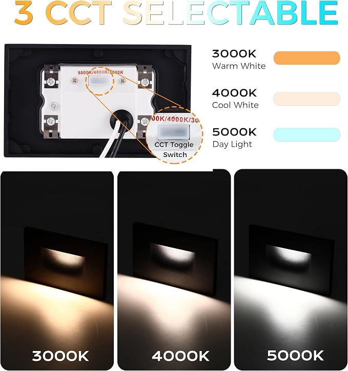CLOUDY BAY 12V Low Voltage 3 Color Indoor and Outdoor LED Step Light,3000K/4000K/5000K Deck Lights,Stair Light,Wet Location,Black(Low Voltage Transformer is Required)