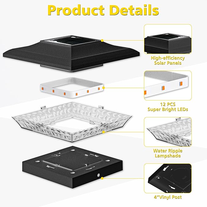 T-SUN 4x4 Solar Post Cap Lights Outdoor 12 Pack, Warm White LED Fence Post Solar Lights Fit for 4x4 Vinyl Posts, Waterproof Deck Light Solar Powered for Garden Patio Gate Porch
