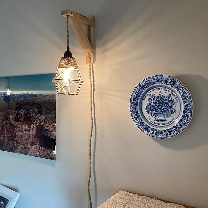 Frideko Plug in Wall Sconce Boho Farmhouse Hanging Wall Lamp with Plug in Cord, Wall Light with Wood Shelf Bracket for Bedroom Living Room Apartment RV Camper(Orange)